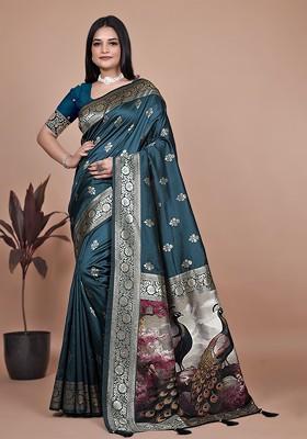 Blue Jacquard Blended Saree Set