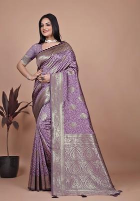 Purple Jacquard Blended Saree Set