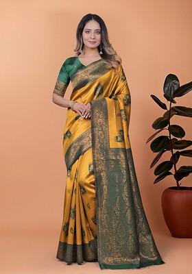 Yellow Jacquard Blended Saree Set
