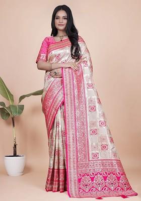 Cream Jacquard Blended Saree Set