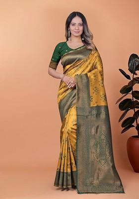 Yellow Jacquard Blended Saree Set