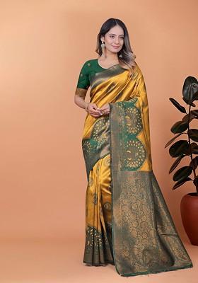 Yellow Jacquard Blended Saree Set