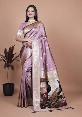 Purple Jacquard Blended Saree Set