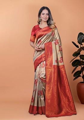 Red Jacquard Blended Saree Set
