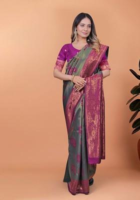 Grey Embroidered Blended Saree Set