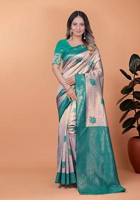 Teal Printed Blended Saree Set