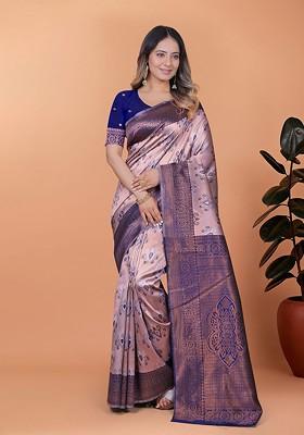 Blue Jacquard Blended Saree Set