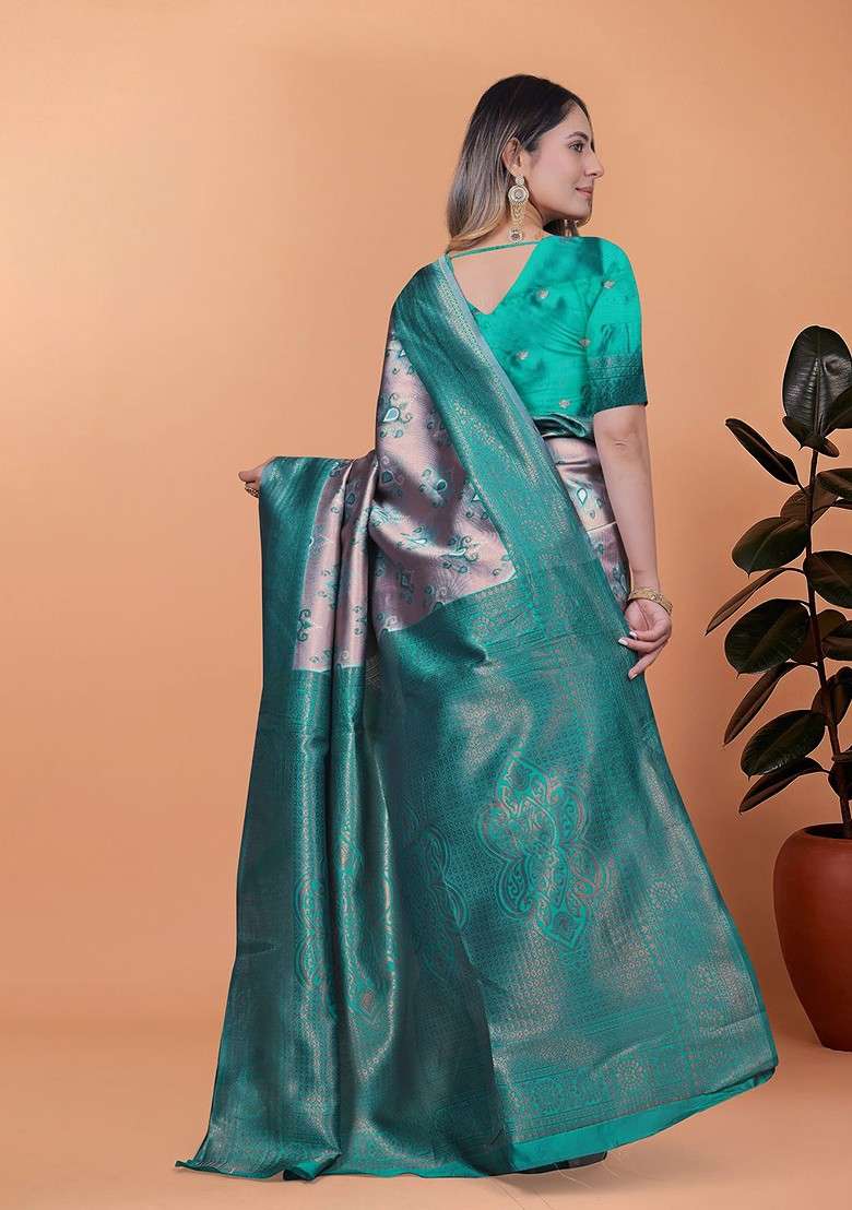 Teal Embroidered Blended Saree Set - Indya