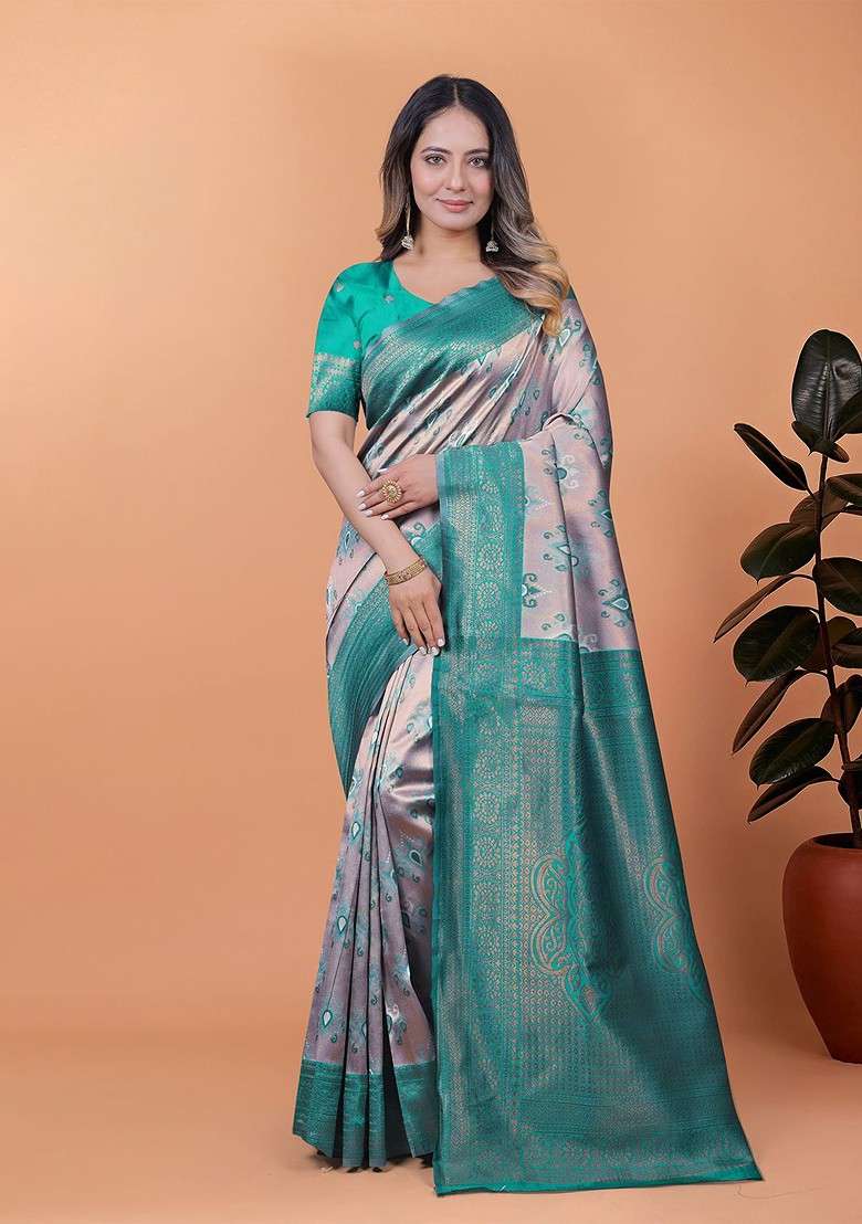 Teal Embroidered Blended Saree Set - Indya