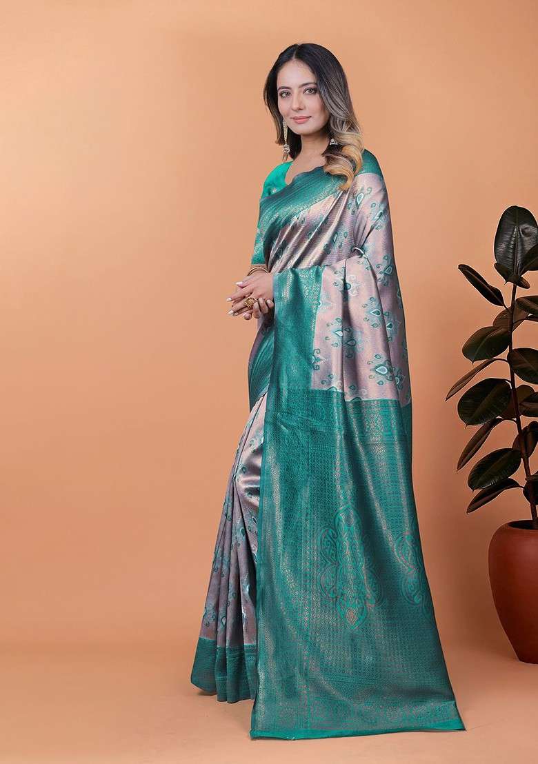 Teal Embroidered Blended Saree Set - Indya