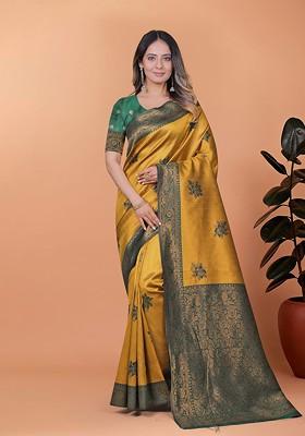 Yellow Printed Blended Saree Set
