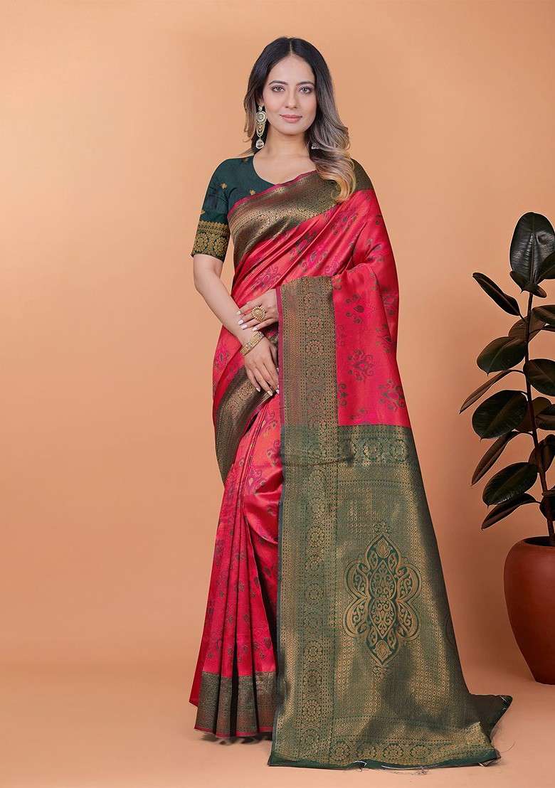 Red Embroidered Blended Saree Set - Indya