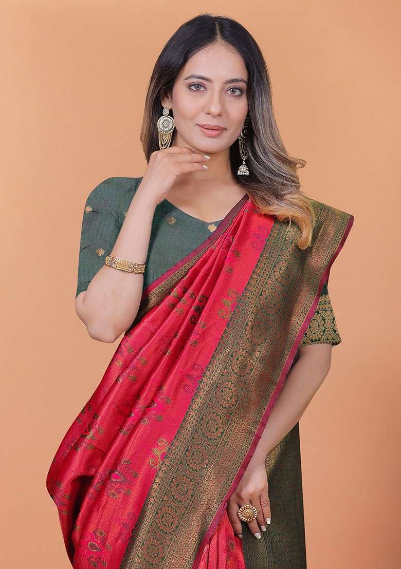 Red Embroidered Blended Saree Set - Indya