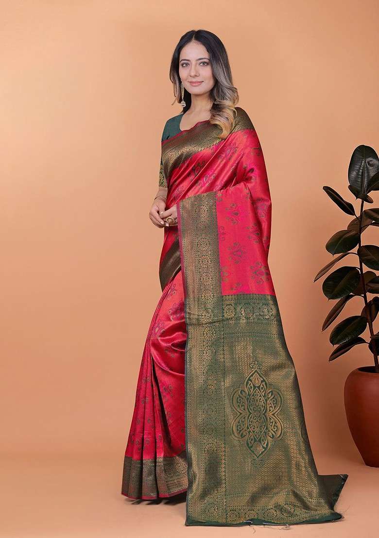 Red Embroidered Blended Saree Set - Indya