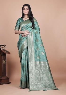 Teal Printed Blended Saree Set