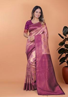 Pink Jacquard Blended Saree Set