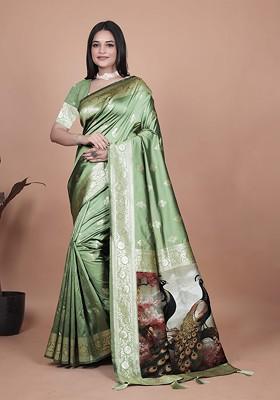 Green Jacquard Blended Saree Set
