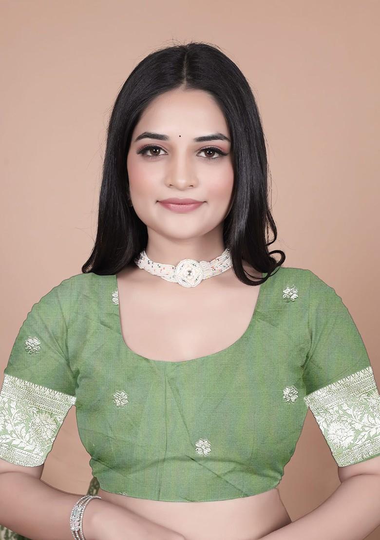 Green Jacquard Blended Saree Set - Indya