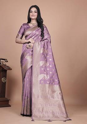 Purple Jacquard Blended Saree Set