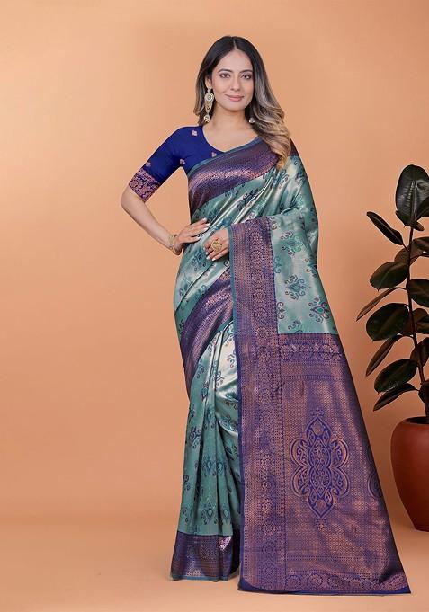 Blue Jacquard Blended Saree Set