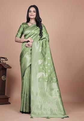 Green Jacquard Blended Saree Set