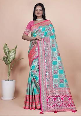 Blue Jacquard Blended Saree Set