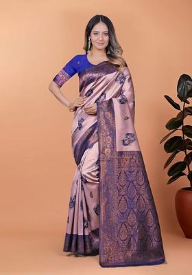 Blue Jacquard Blended Saree Set