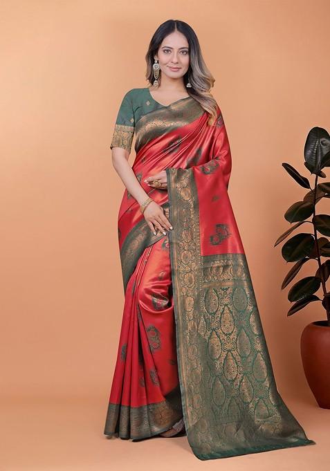 Red Jacquard Blended Saree Set