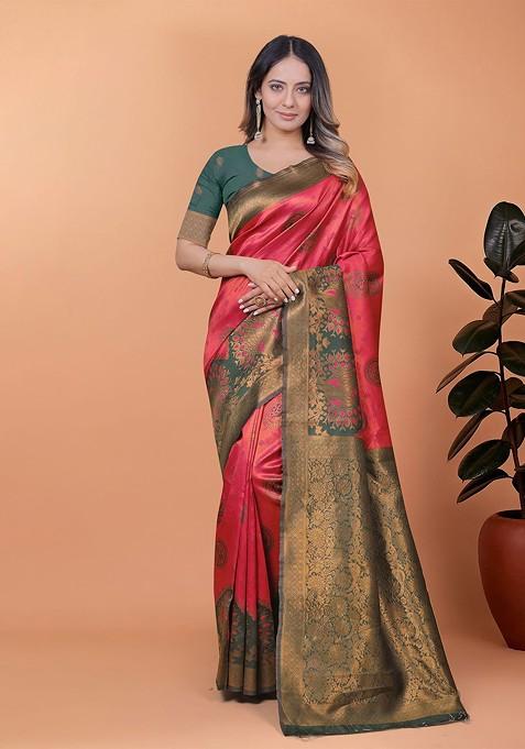 Red Jacquard Blended Saree Set — view on Indya