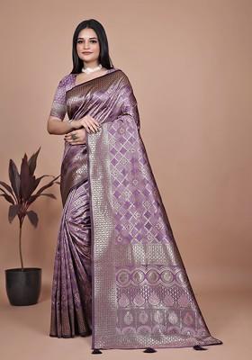 Purple Jacquard Blended Saree Set