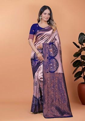 Blue Jacquard Blended Saree Set