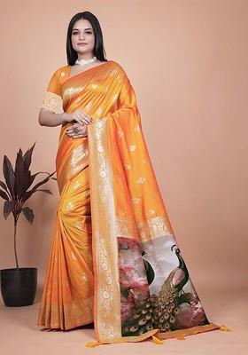Orange Jacquard Blended Saree Set