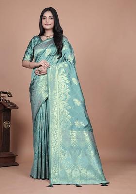 Blue Jacquard Blended Saree Set