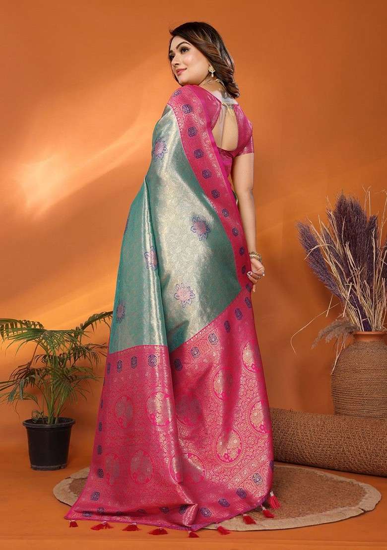Sea Green Embroidered Blended Saree Set for Diwali and Festive Wear - Indya