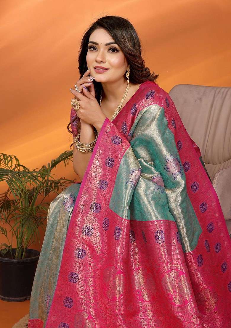 Sea Green Embroidered Blended Saree Set for Diwali and Festive Wear - Indya