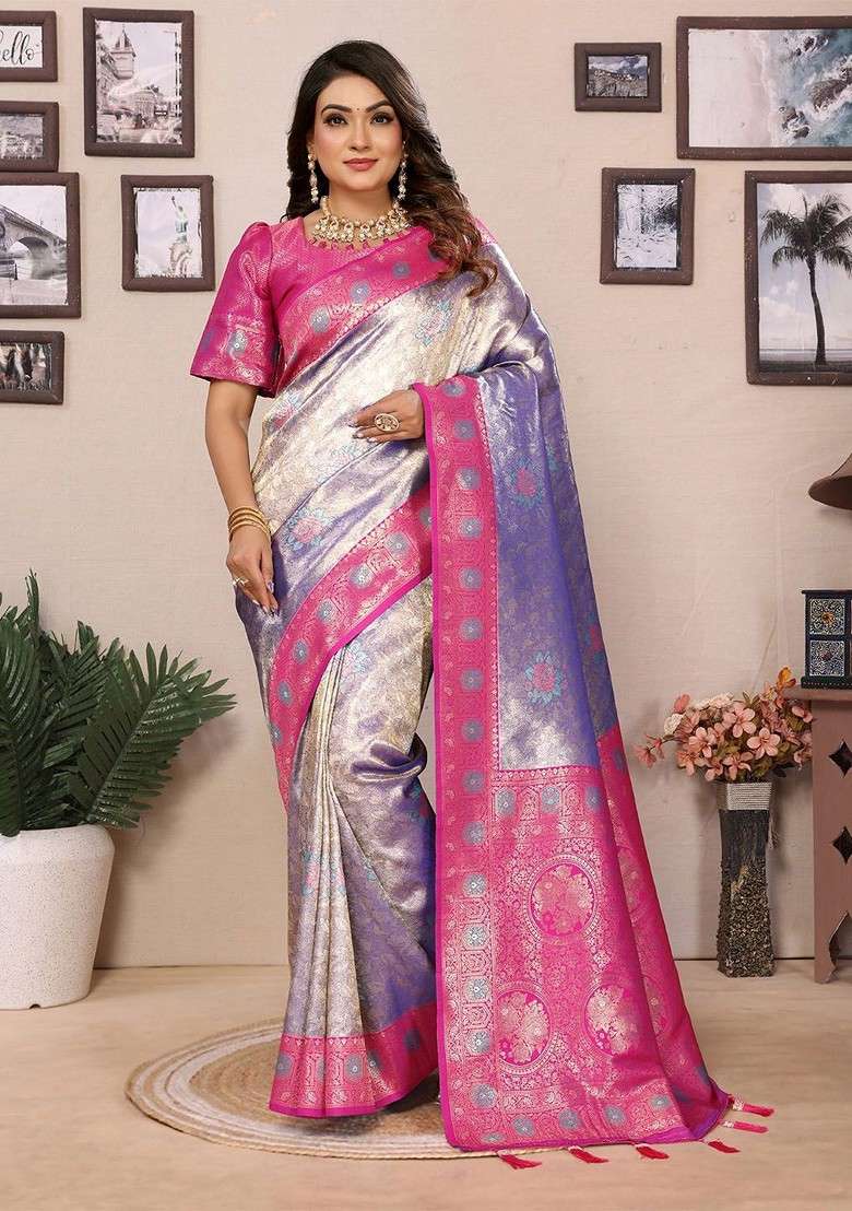 Lavender Jacquard Blended Saree Set for Diwali and Festive Wear - Indya