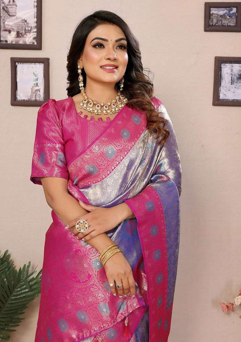 Lavender Jacquard Blended Saree Set for Diwali and Festive Wear - Indya