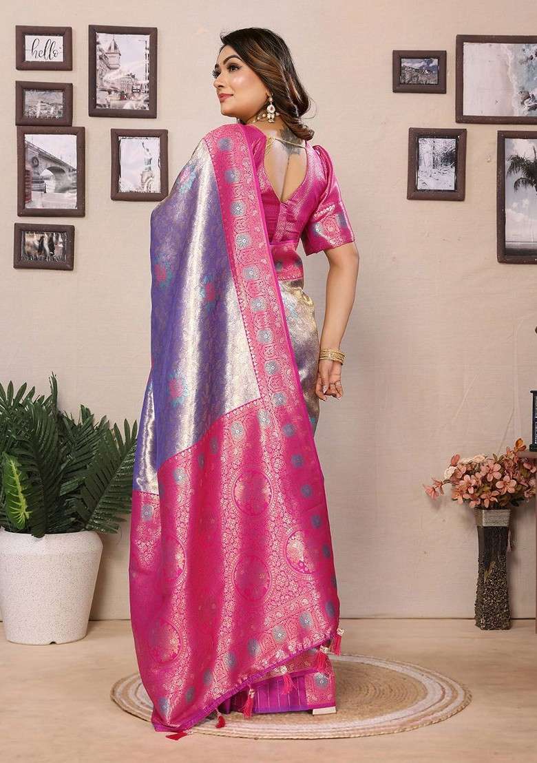 Lavender Jacquard Blended Saree Set for Diwali and Festive Wear - Indya