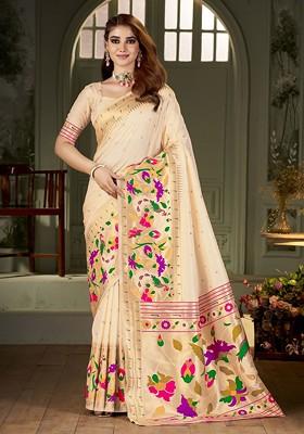 White Embroidered Blended Saree Set