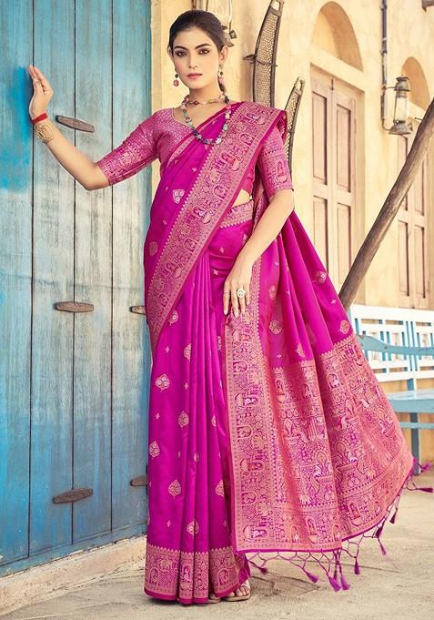 Pink Embroidered Blended Saree Set