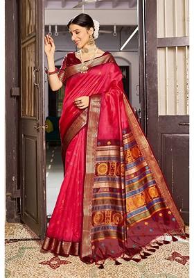 Pink Printed Blended Saree Set