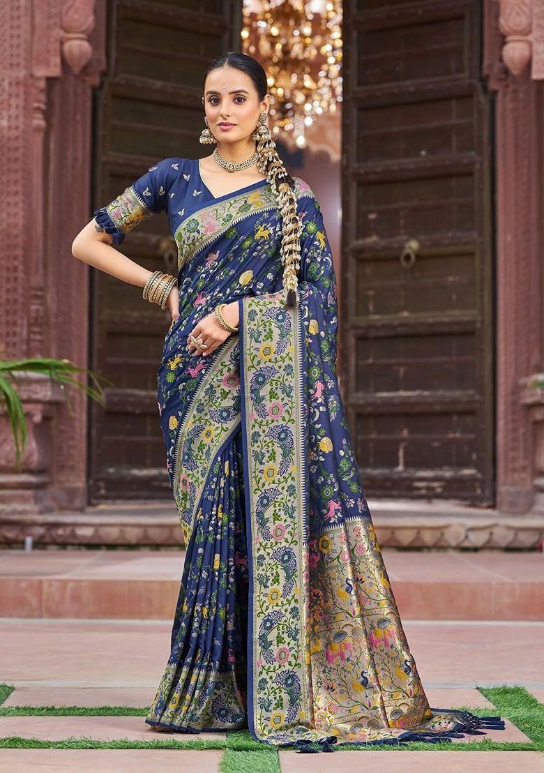 Navy Blue Embroidered Blended Saree Set - Indya