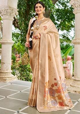 Beige Printed Blended Saree Set
