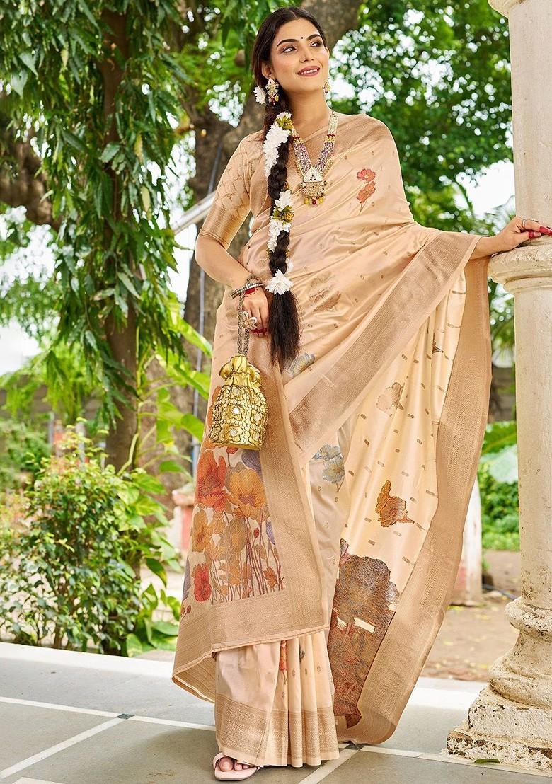 Beige Printed Blended Saree Set - Indya