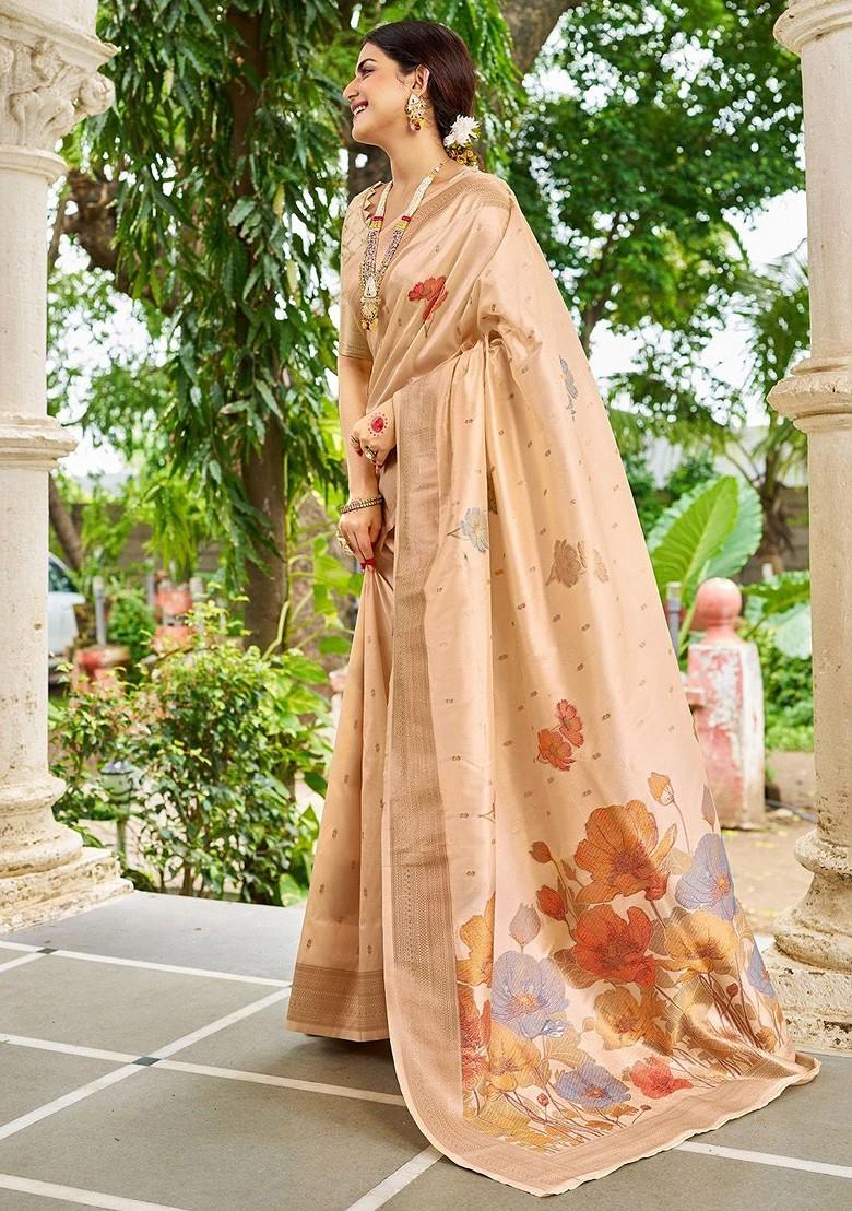 Beige Printed Blended Saree Set - Indya