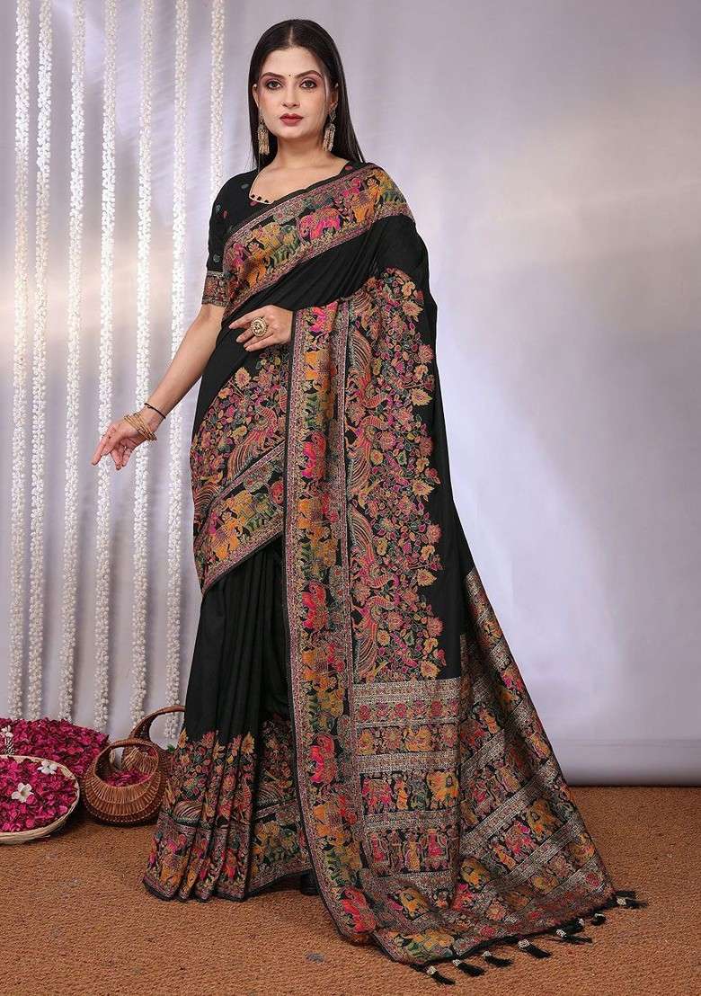 Black Blended Saree Set with Embroidered for Diwali | Wedding & Festive Wear - Indya