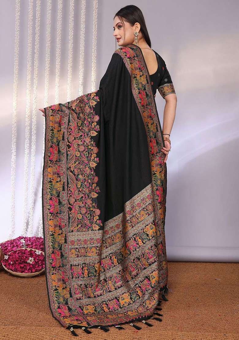 Black Blended Saree Set with Embroidered for Diwali | Wedding & Festive Wear - Indya