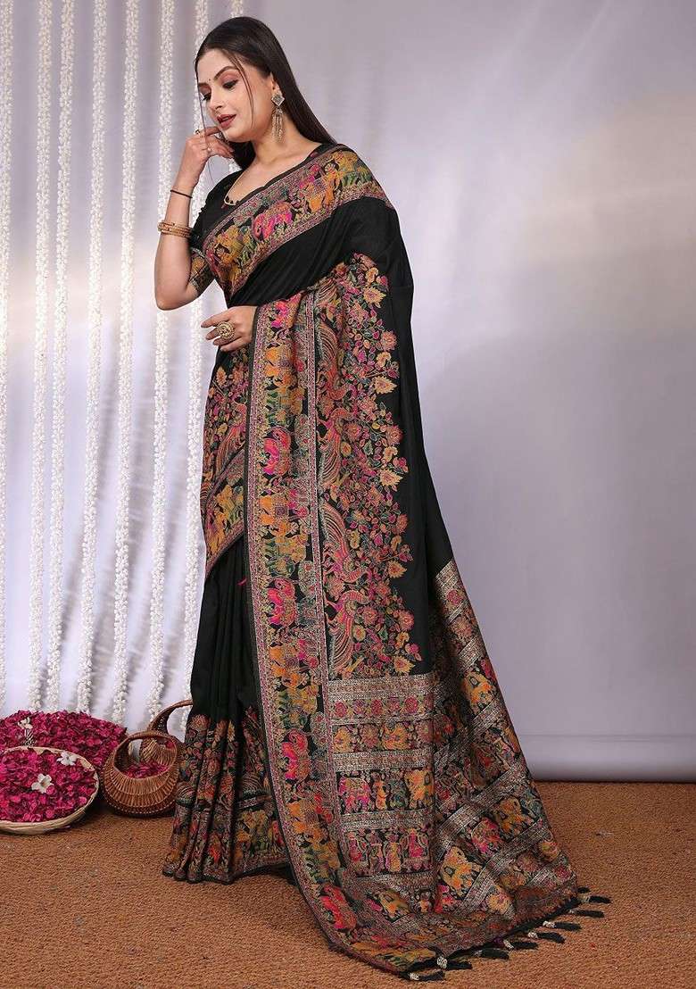 Black Blended Saree Set with Embroidered for Diwali | Wedding & Festive Wear - Indya