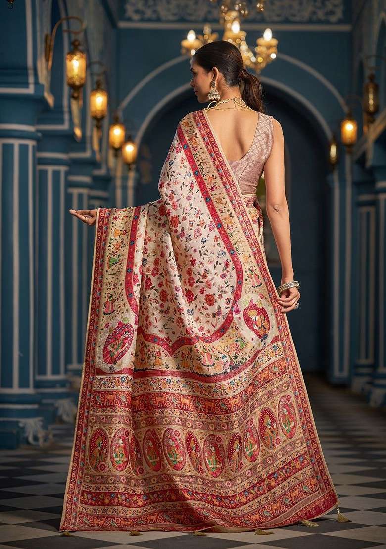 Cream Embroidered Blended Saree Set - Indya