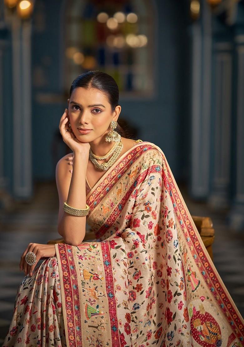 Cream Embroidered Blended Saree Set - Indya